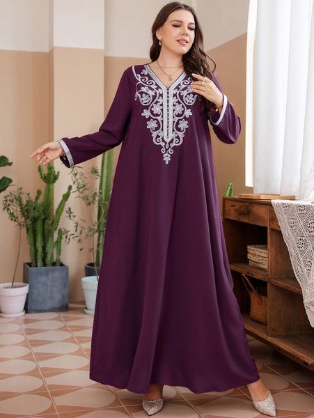

plus floral embroidery contrast trim maxi tunic dress 51zd#, Black