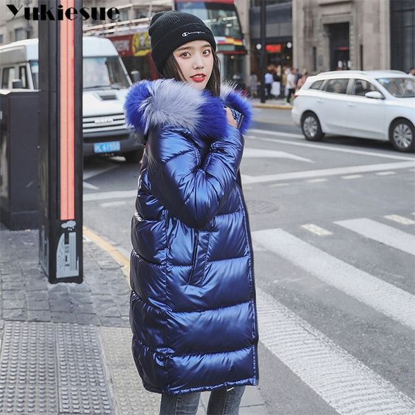 

long woman winter coats and jackets shiny plus size hooded thick solid with fur collar puffer jacket casual women s parkas 210412, Black