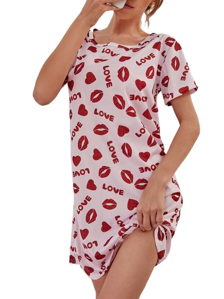 

letter & lip print nightdress o86i#, Black;red