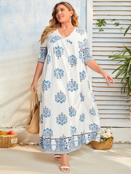 

plus v neck floral print dress p4bm#, Black