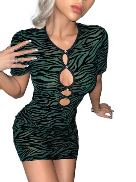 

z.ebra striped c.ut o.ut .esh b.odycon d.ress without lingerie k67x#, Black;gray