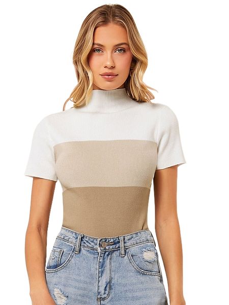 

color block high neck knit q0e6#, White;black