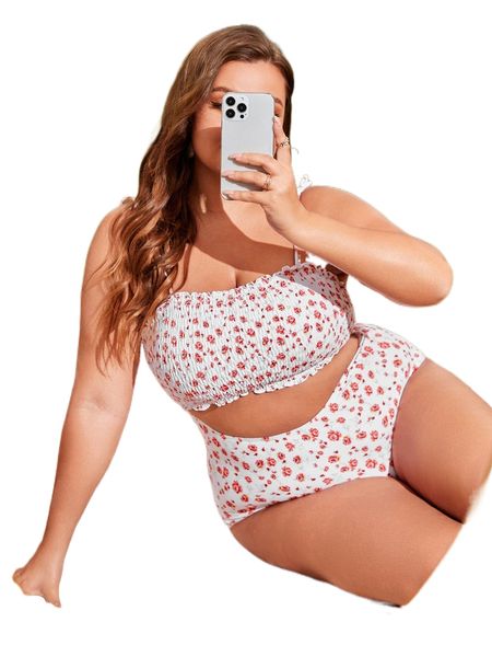 

plus ditsy floral print smocked cut out one piece swimsuit w0bp#, White;black