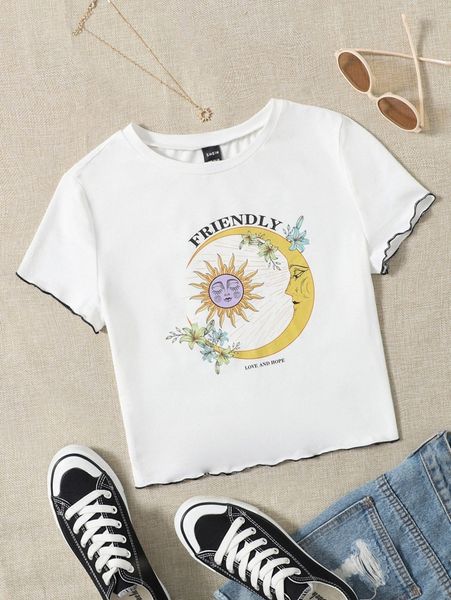 

sun & moon print lettuce trim tee a7mn#, White