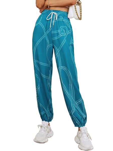 

rope print drawstring waist pants l7bq#, Black;white
