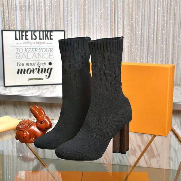 

designer socks boots fashion knit elastic shoes lady letter thick high booties heel autumn winter sock boot, Black