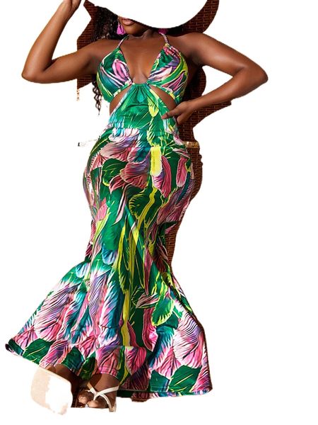 

sxy tropical print halter neck cut out maxi dress m6sl#, Black;gray