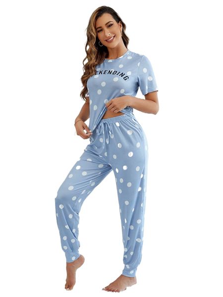 

polka dot & letter graphic knot front pj set w70n#, Black;red