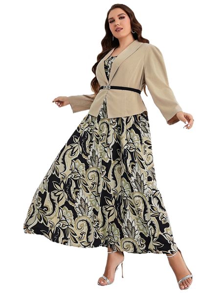 

plus floral print a-line dress & shawl collar belted blazer z4cm#, Black