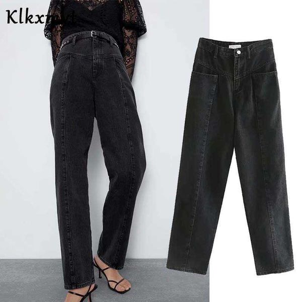 

klkxmyt vintage mom za jeans woman england fashion elegant solid black casual high waist loose wide leg for women 210527, Blue