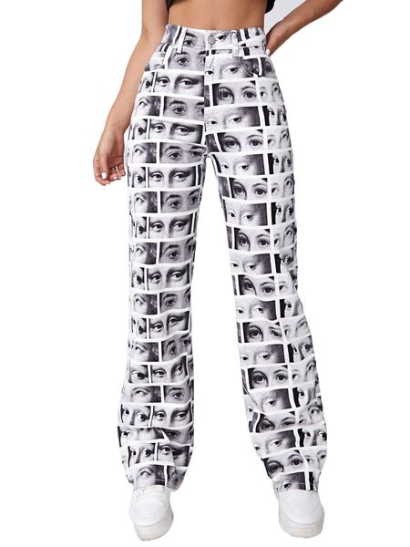 

high waist allover figure graphic straight leg jeans n2fi#, Blue