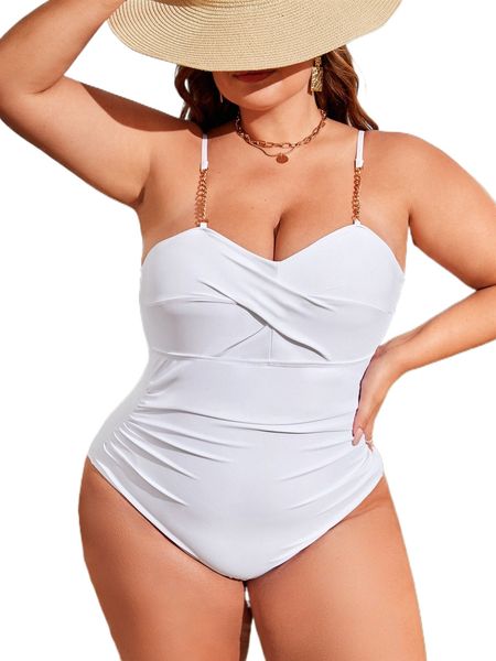 

plus chain linked twist push up one piece swimsuit g22f#, White;black