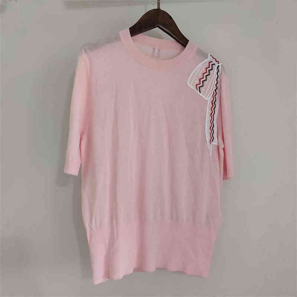 

women's knits tees summer style niche design sense heavy industry embroidery bow thin comfortable slim short sleeve women's sweate, White