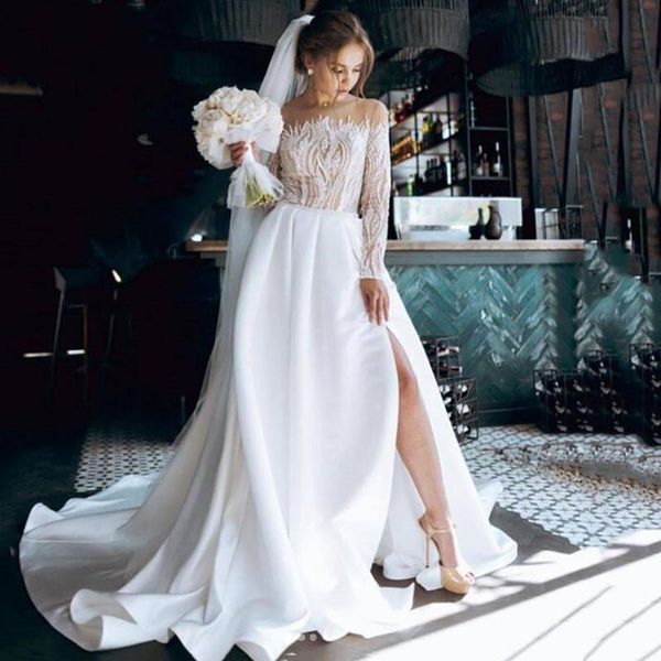 Другие свадебные платья Элегантные длинные рукава атласная боковая сторона сплит кружева поезда поезда свадебные платья кнопка белый Vestido de Novia Custom