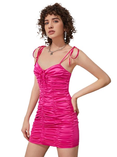 

drawstring ruched knot shoulder satin dress e5vv#, Black;gray