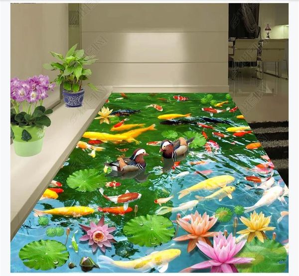 

custom p flooring wallpaper 3d wall stickers lotus pond leaf flower fish 3d floor painting walls papers home decoration