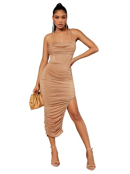 

bae ruched asymmetrical hem cami bodycon dress q0zv#, Black;gray
