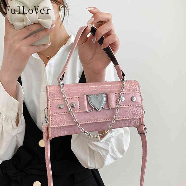 

evening bags popular fashion shoulder for women 2022 new simple chain square handbags metal heart messenger pu leather 220802