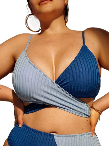 

plus two tone ribbed knit wrap tie back bikini 41f8#, Black