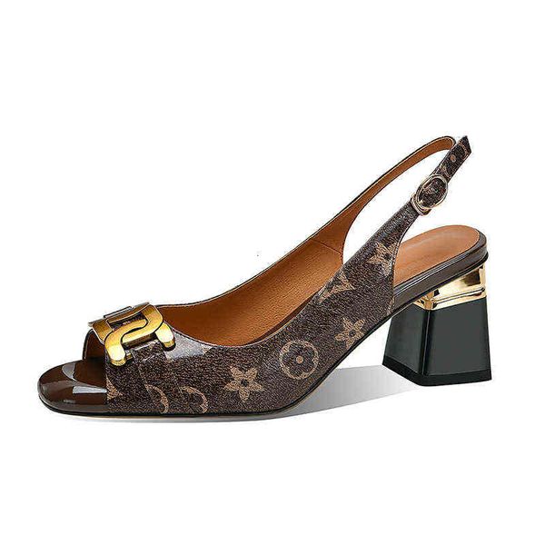 

designer women's shoes boots 2022 summer shoes fish mouth thick high s metal flower buckle open toe electroplated heel women's san, Black