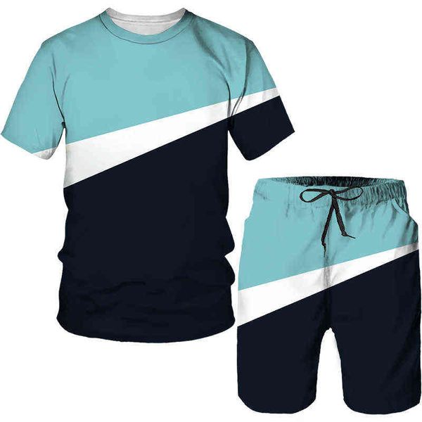 Nuovi modelli estivi Cuciture stampate Top a maniche corte Semplice T-shirt casual traspirante Pantaloncini Completo sportivo e per il tempo libero Set da uomo Y220420