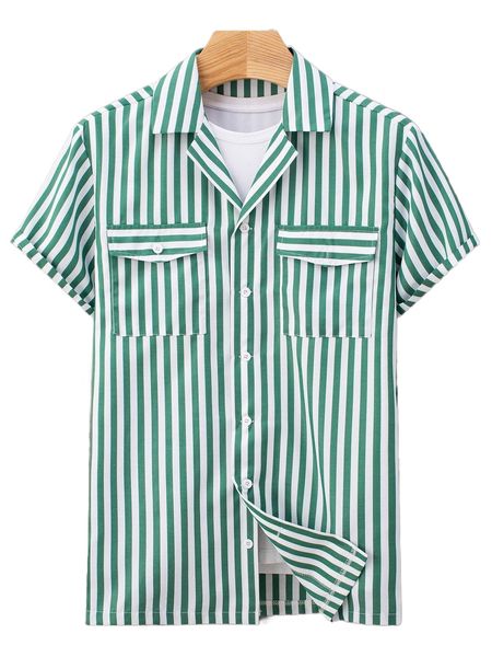 

men random striped print flap pocket shirt without tee 63dy#, White;black