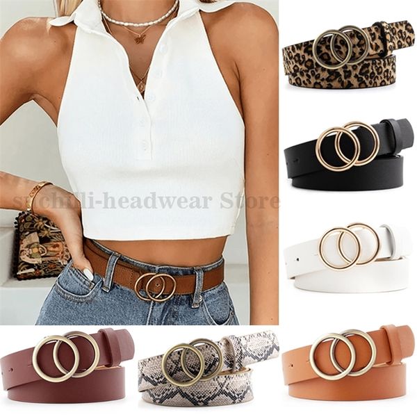 Двойные кольцевые ремни для женщин Fashion Fashion Leopard Taist Pu Metal Buckle Bucle Bind Pin Pling Джинсы дикий пояс 220712