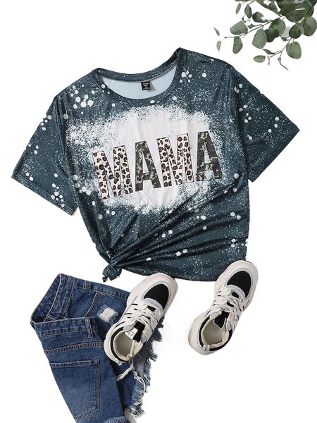 

plus tie dye & letter graphic tee j460#, Black