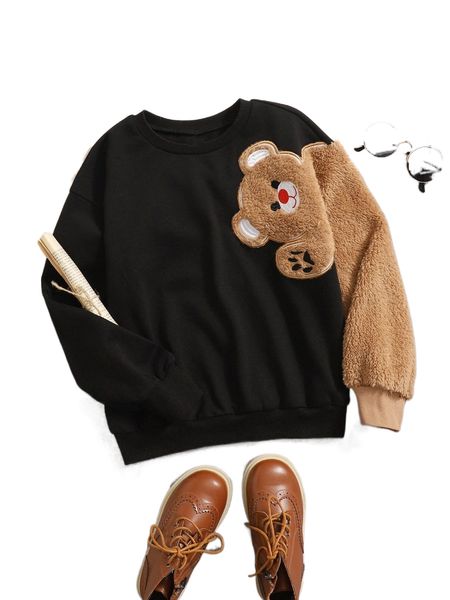 

girls bear patched drop shoulder sweatshirt l3wb#, Black;white