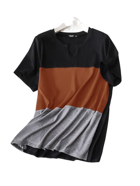 

plus color block notched neck tee w6en#, Black