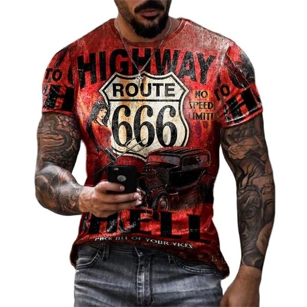 Retro America Route 66 3d Baskılı Erkek Tshirts Vintage Gevşek Erkekler Giyim Yaz Yuvarlak Boyun Kısa Kol UNISEX ÜSTLERİ TEE 6XL 220607