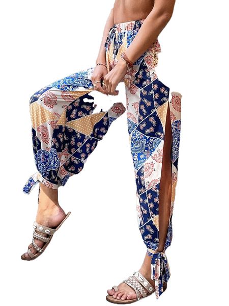 

high waist patchwork print split side knot hem pants b9n4#, Black;white