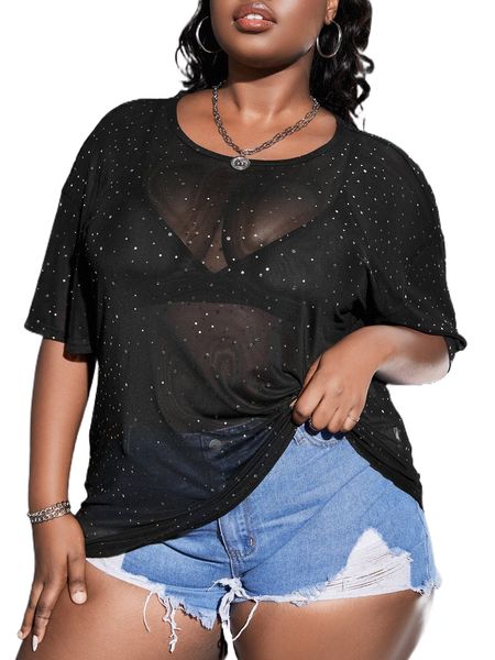

sxy plus sequin detail drop shoulder mesh without bra k2xl#, Black