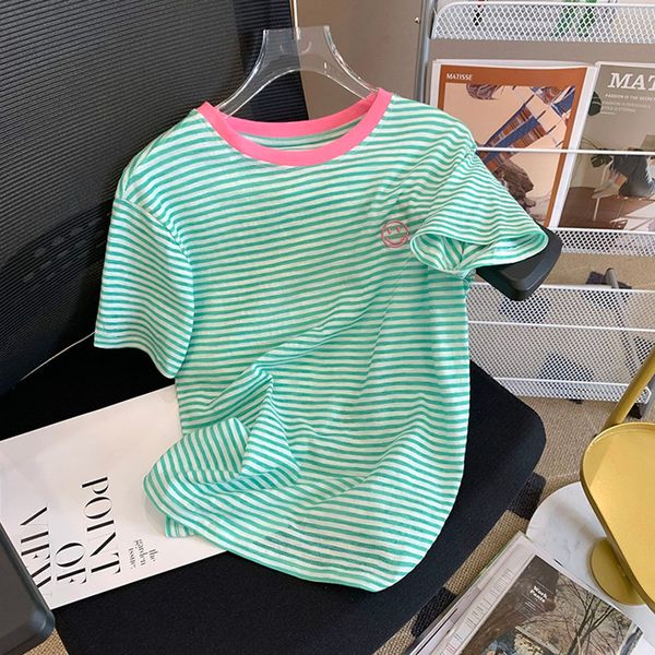 

t-shirt women clothing thin summer striped casual ladies tshirts short sleeve embroidery tee korean fashion 2022 220613, White