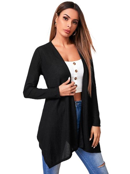 

open front asymmetrical hem coat v06j#, Black