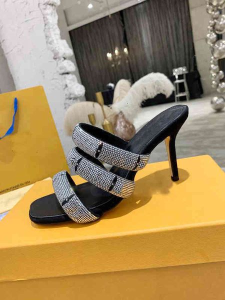 

diamond ss presbyopia slippers 9.5cm high heel square toe sandals original v luxury designer brand fashion shoes c202, Black