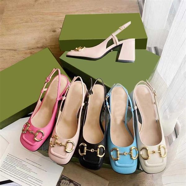 

designer women sandals leather metal buckle square toes luxury chunky high heels ladies slides slippers fashion summer party dress292m, Black