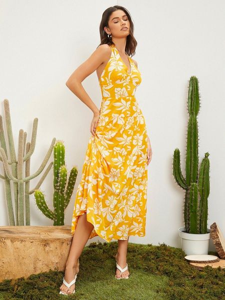 

tied open back floral dress a6fi#, Black;gray