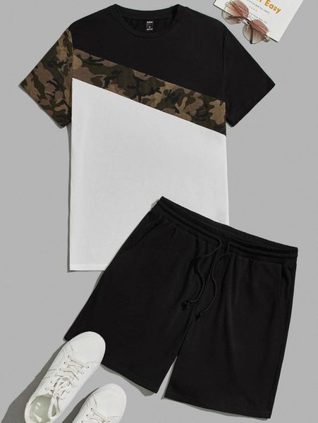 

men camo panel colorblock and shorts set u3gy#, Gray
