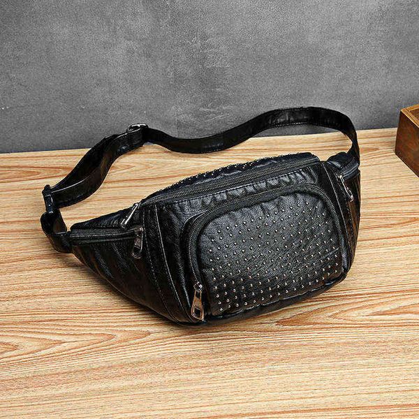 

annmouler large capacity waist bag women fanny pack pu leather chest for girls soft belt rivet casual phone pouch 220531