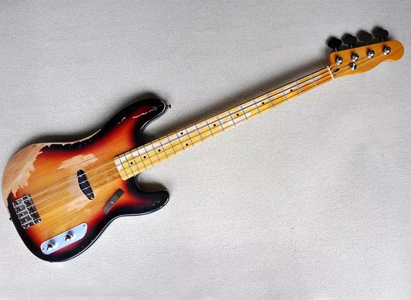 

4 strings relic tobacco sunburst electric bass guitar with maple fingerboard