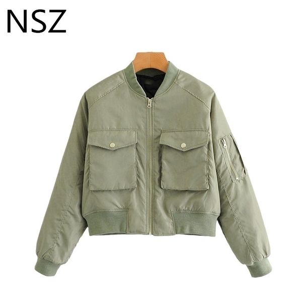 

nsz women military green moto biker bomber pilot jacket cropped long sleeve female oversized coat outerwear chaquetas mujer y201012, Black;brown