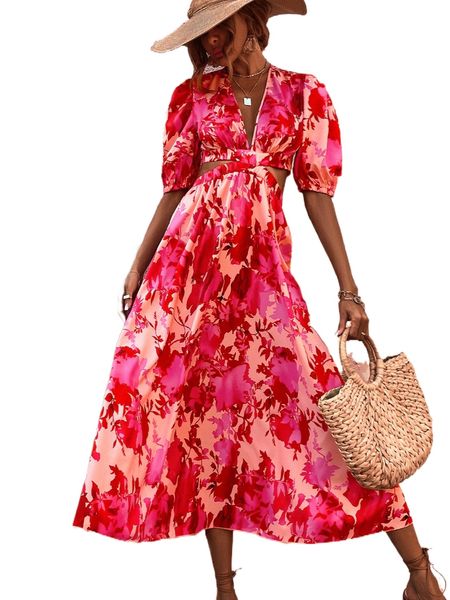 

allover floral print cut out puff sleeve dress c9o8#, Black;gray