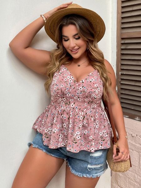 

plus allover floral print shirred cami w3i0#, Black