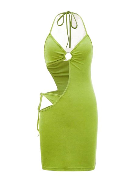 

o-ring cut out knot side tie backless halter dress v2zz#, Black;gray