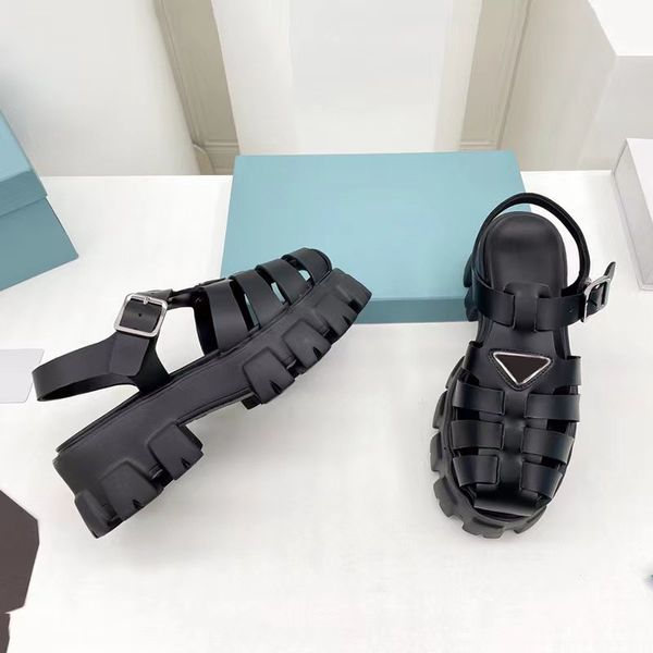 

designer sandals 2022 new brand women shoes leather baotou braided belt slotted buckle sandals summer thick soled shoes box packaging, Black