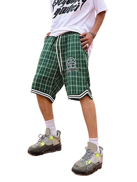

men letter & plaid print contrast tape shorts f6so#, White;black