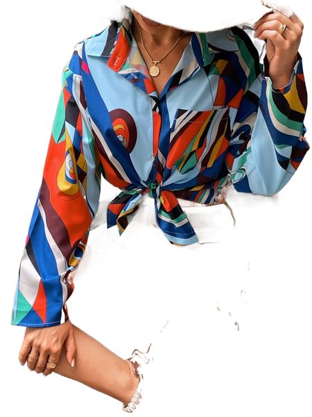 

random geo print patched pocket drop shoulder blouse v49u#, White