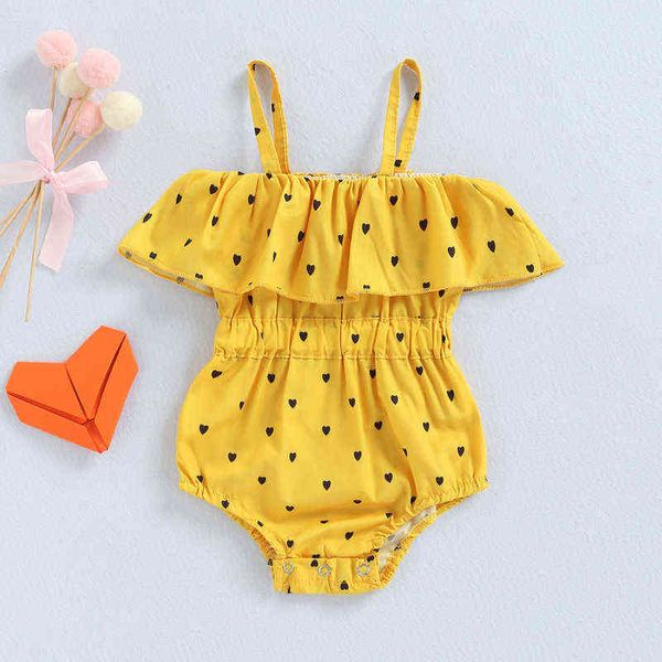 Sommer Kind Baby Mädchen Jumpsuit Herzform aus Schulter gekräuselt Spaghetti -Gurt Strampler Kleidung G220521