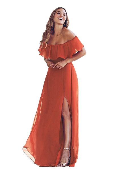 

ever-pretty solid split thigh ruffle trim off shoulder dress d8nq#, Black;gray